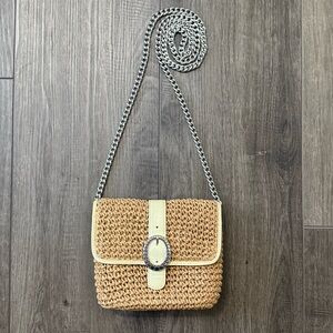 Brighton Small Woven Straw X-body Handbag With Cream Patent-leather Trim NWOT
